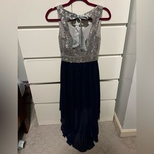 Silver sequin and navy high low dress